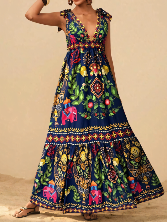 Navy Blue Floral Printed Beach Maxi Dress