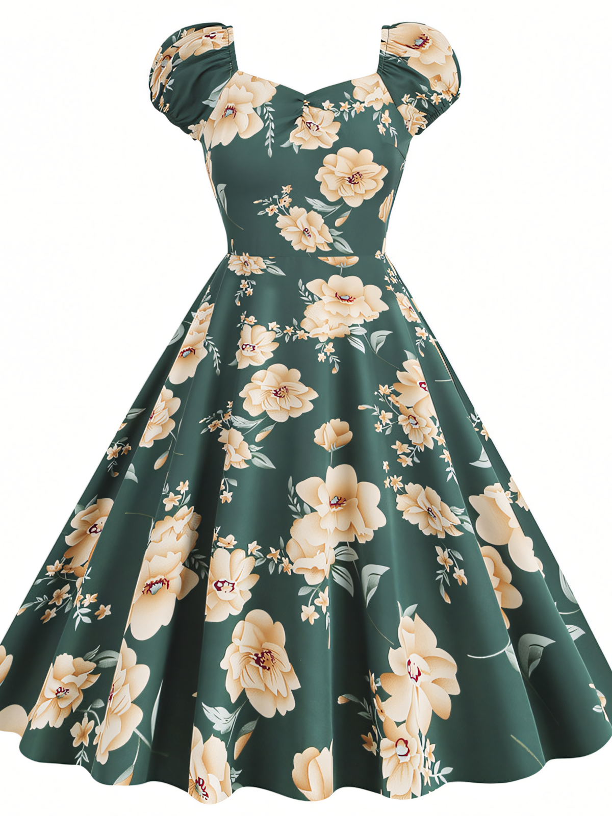 Green Floral Vintage Elegant Midi Dress