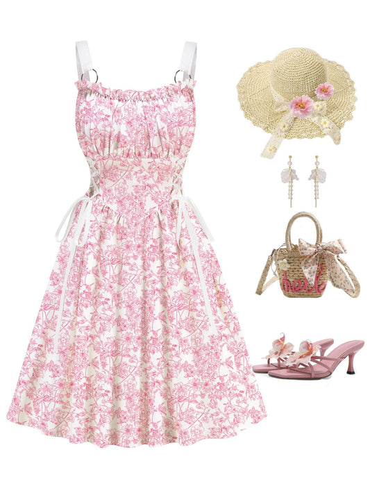 Pink Floral Printed White Drawstrings Elegant Midi Dress