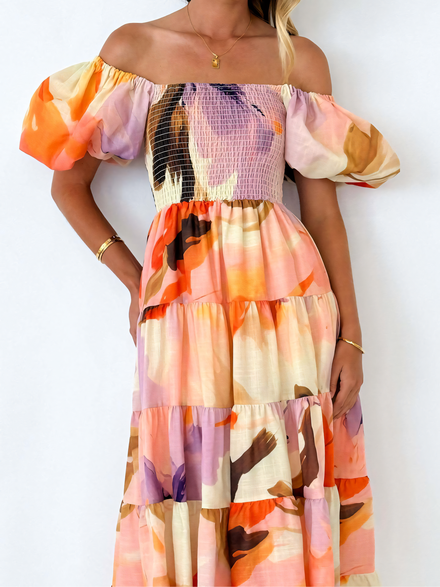 Purple Red Printed Puffy Bubble Sleeve Midi Dress