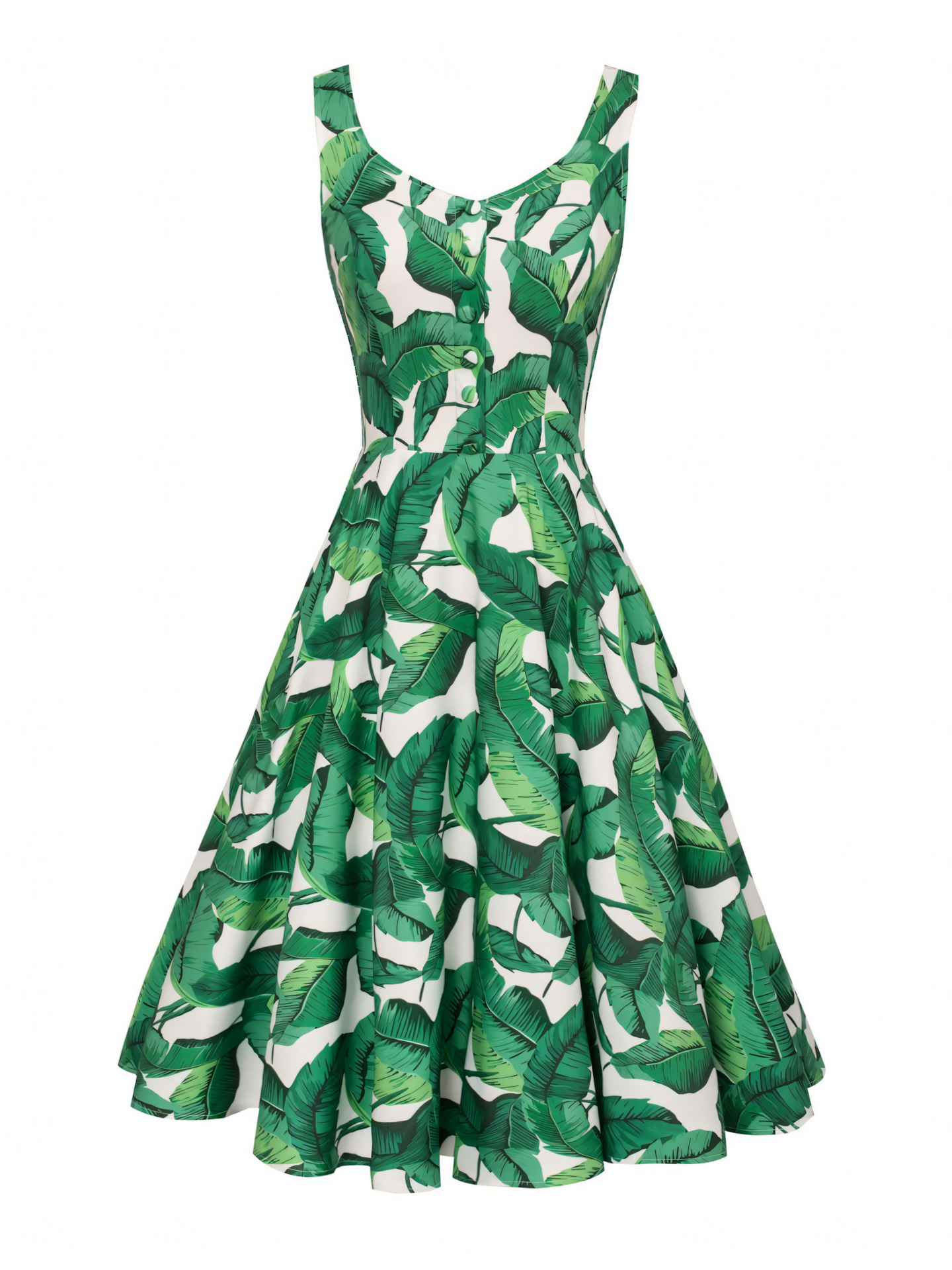Foliage Printed Button Midi Dress