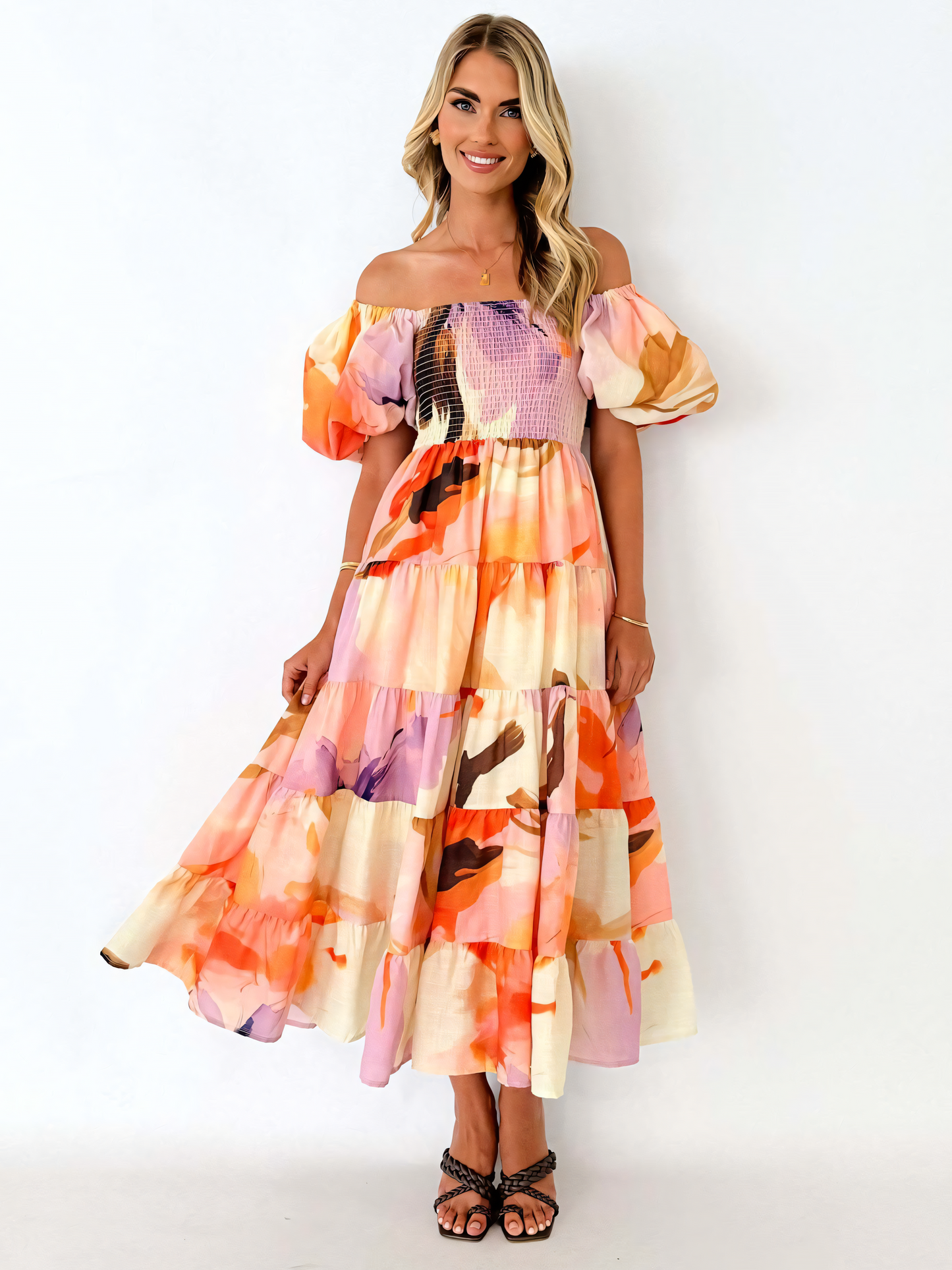 Purple Red Printed Puffy Bubble Sleeve Midi Dress