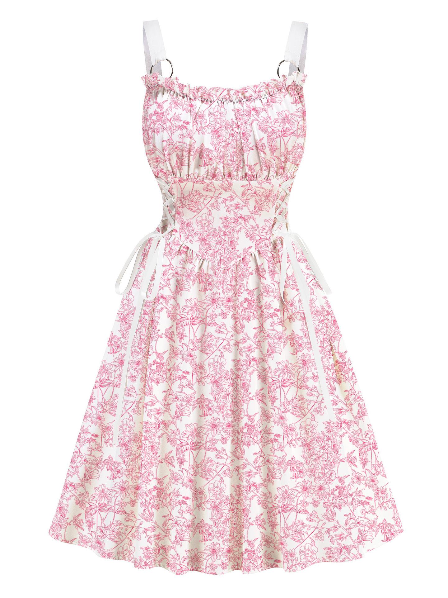Pink Floral Printed White Drawstrings Elegant Midi Dress
