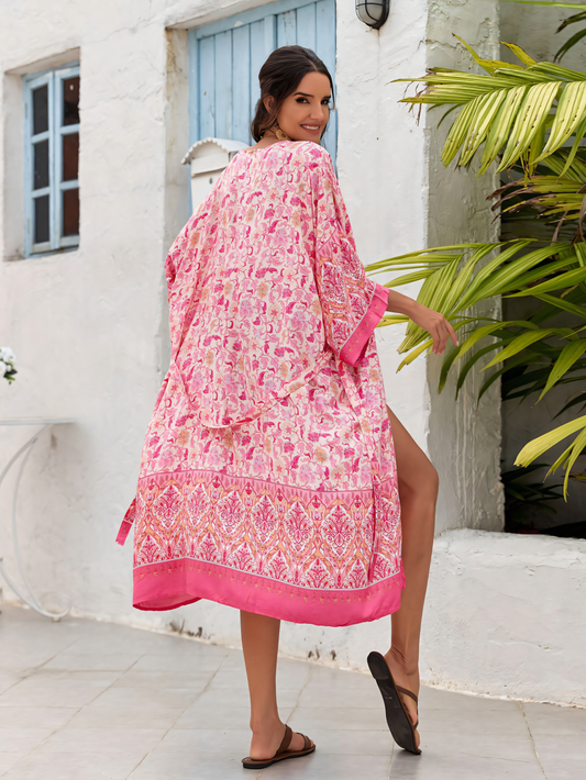 Cotton Pink Printed Cardigan Beach Cover-up