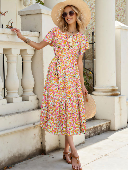 Rose Floral Skirt Ruffle Patchwork Midi Dress