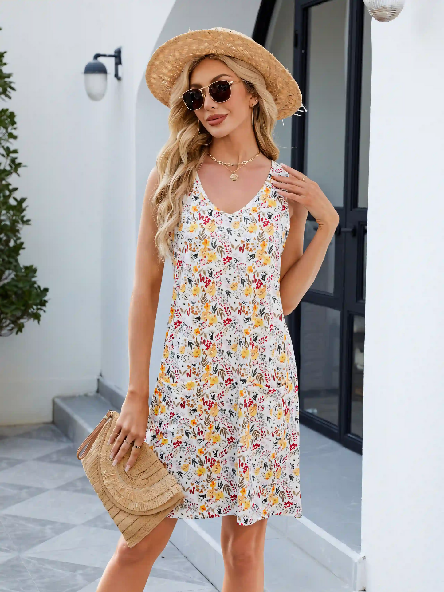 Yellow Printed Halter Loose Casual Sleeveless Midi Dress