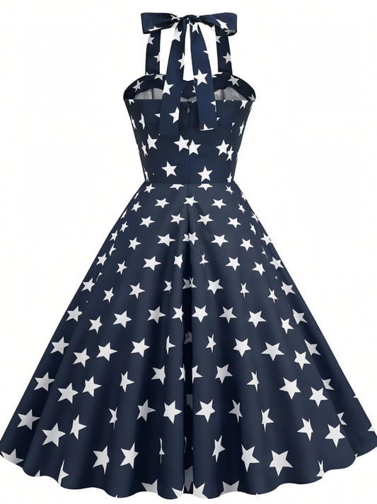 Independence Day Blue Hanging Neck Vintage Hepburn Mini Dress