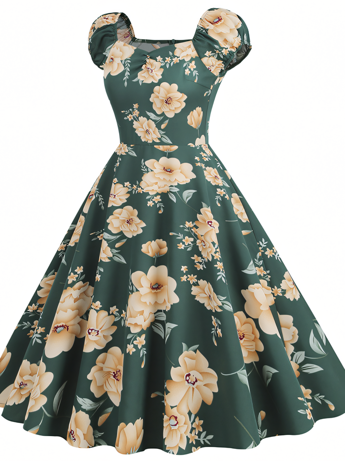 Green Floral Vintage Elegant Midi Dress
