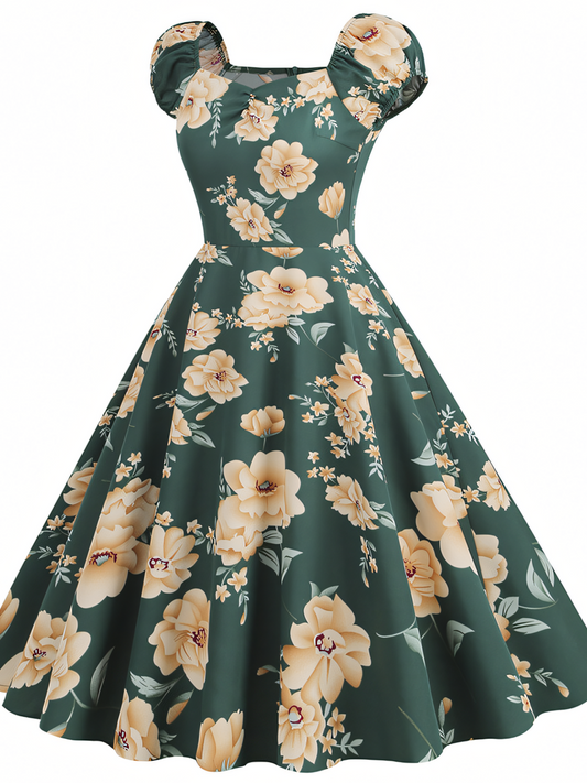 Green Floral Vintage Elegant Midi Dress