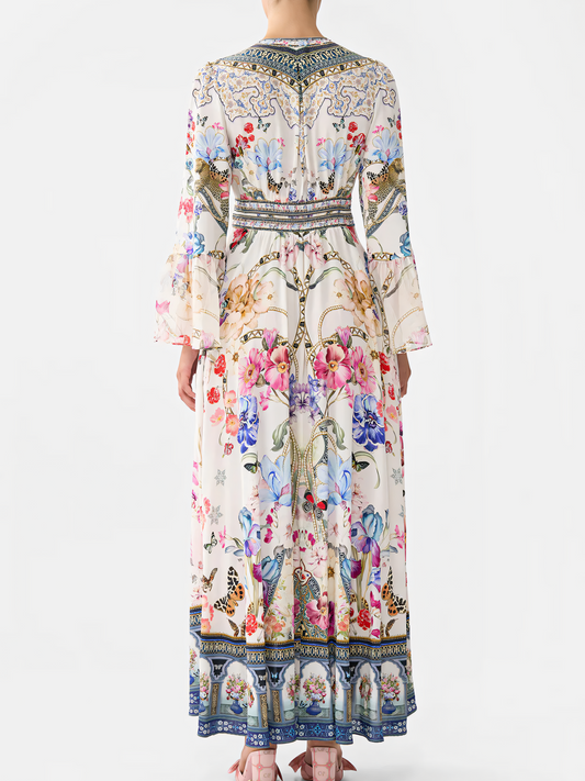 Colorful Floral Long Bubble Sleeve Maxi Dress