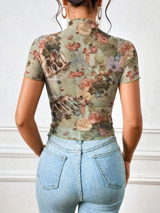 Green Elegant Mesh Printed Rolled T-Shirt