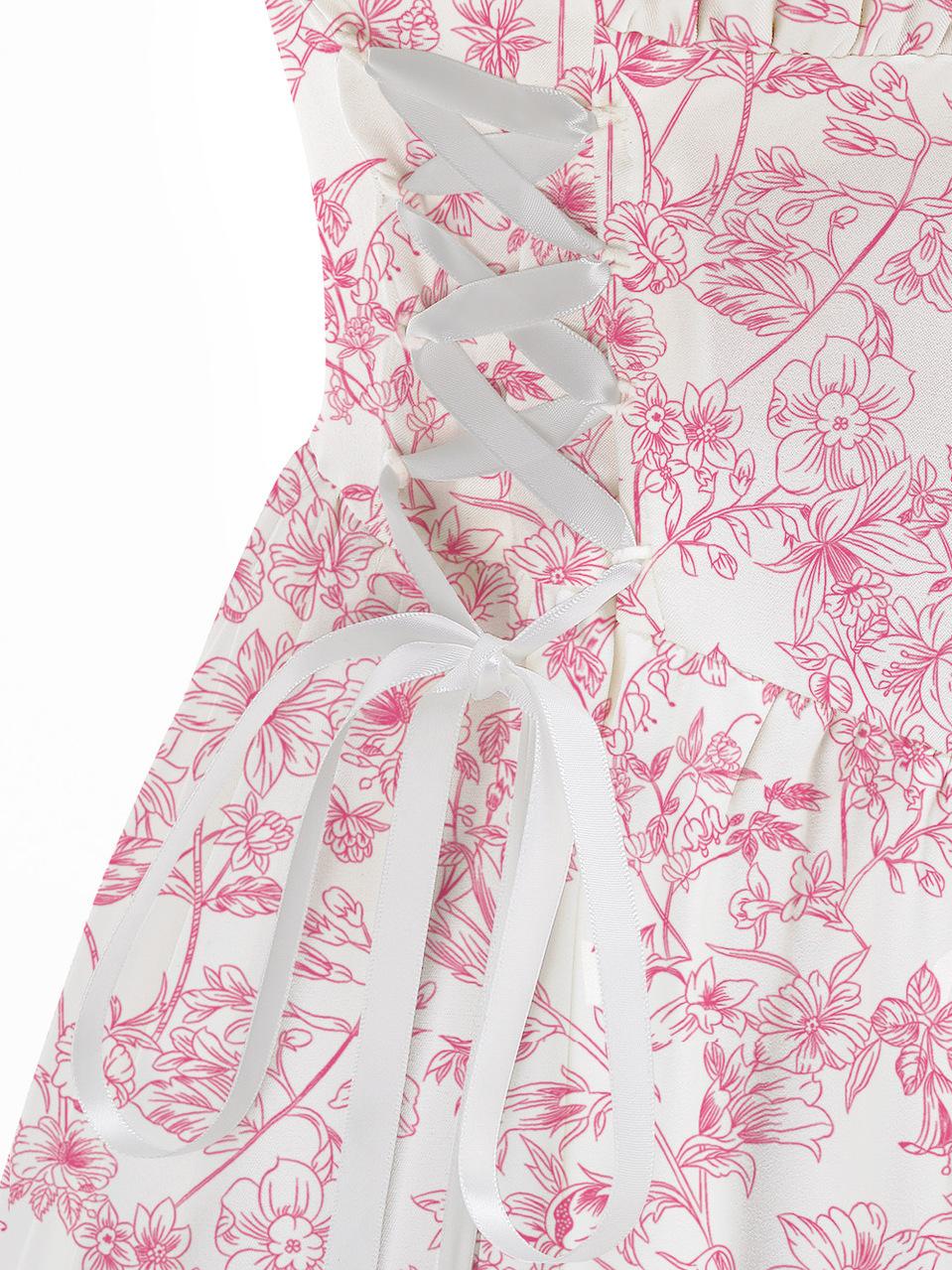 Pink Floral Printed White Drawstrings Elegant Midi Dress