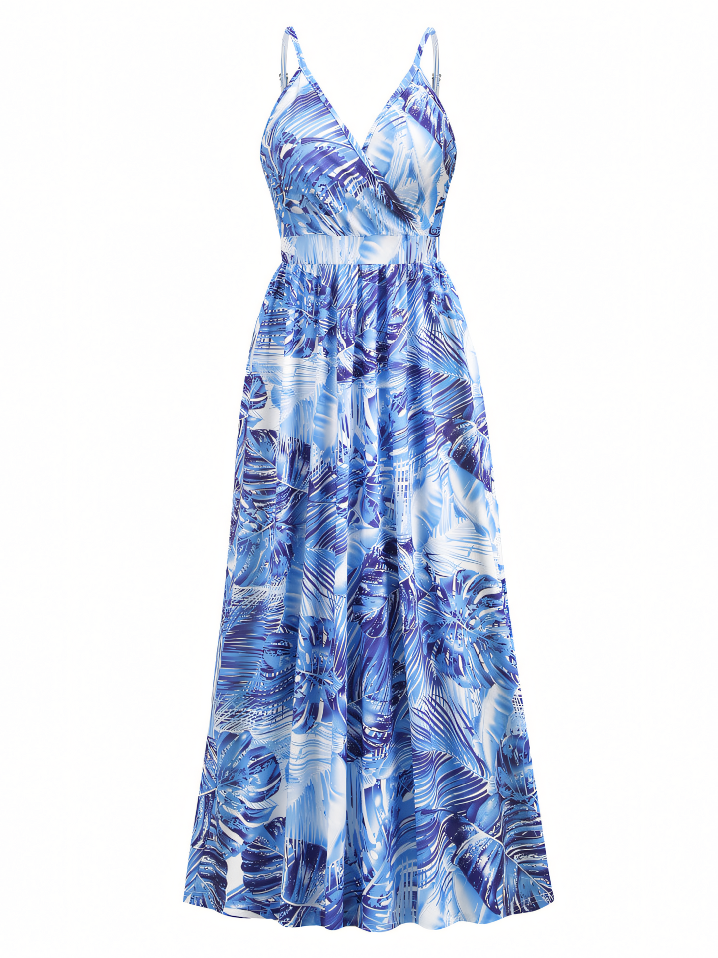 Blue Printed Bohemia V-Neck Halter Maxi Dress