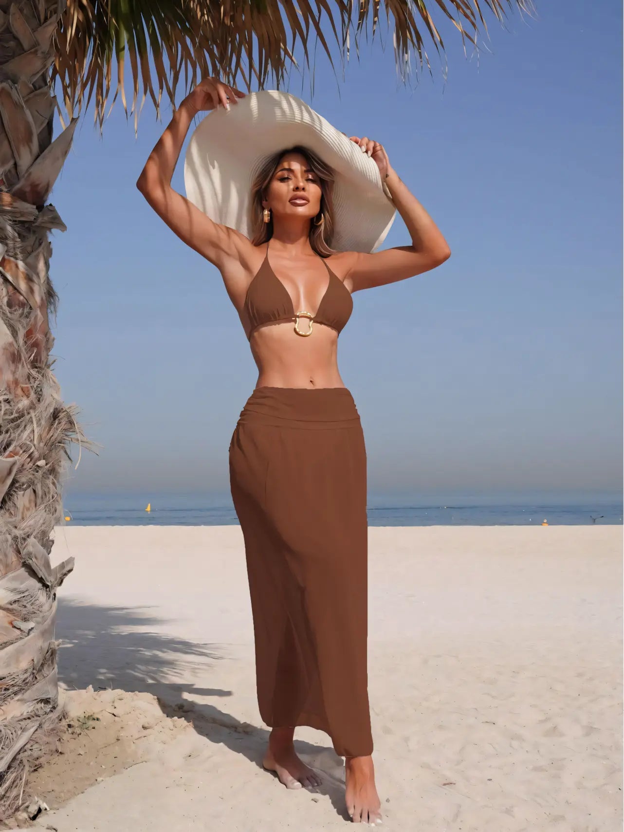Solid Color Mesh Long Skirt Bikini Three Piece Set