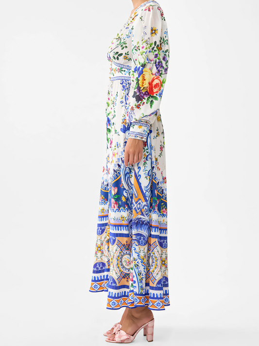 Blue Floral Long Bubble Sleeve Maxi Dress