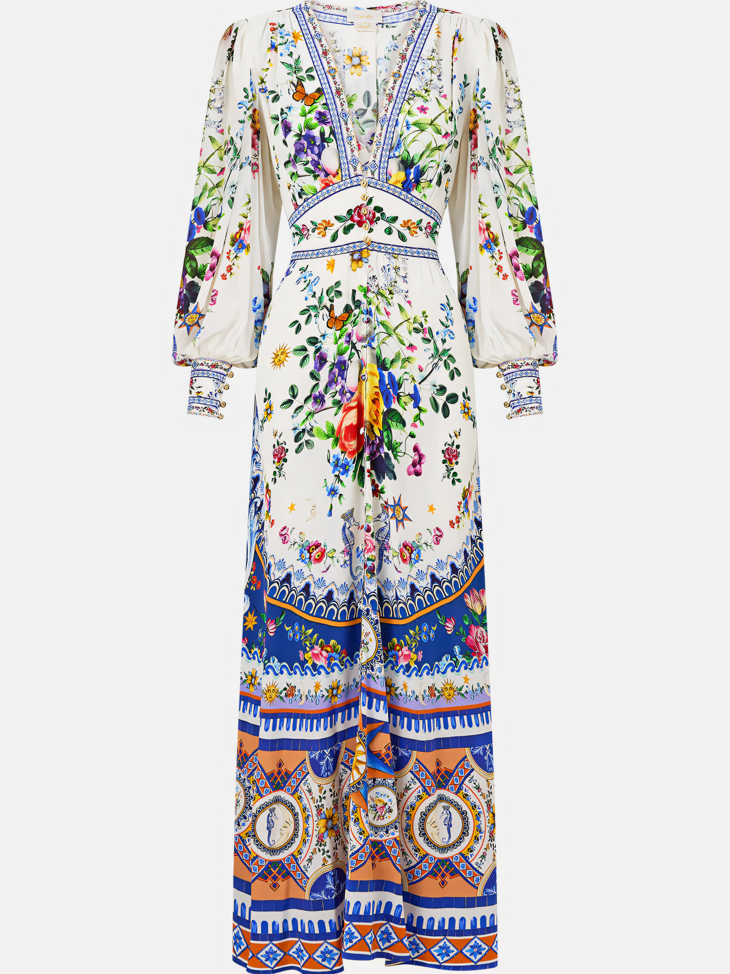 Blue Floral Long Bubble Sleeve Maxi Dress