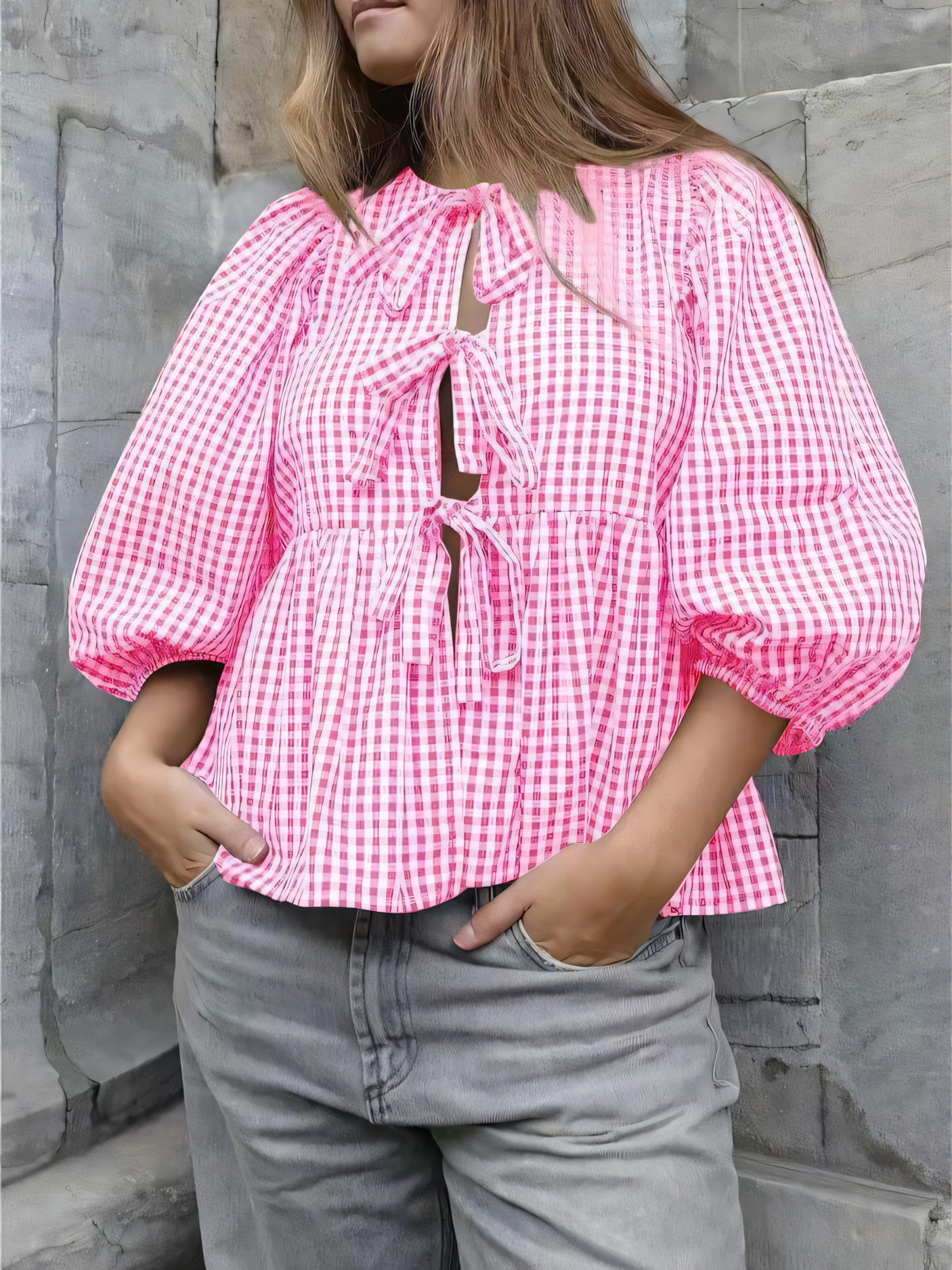 Sweet Casual Lace-Up Plaid Shirt