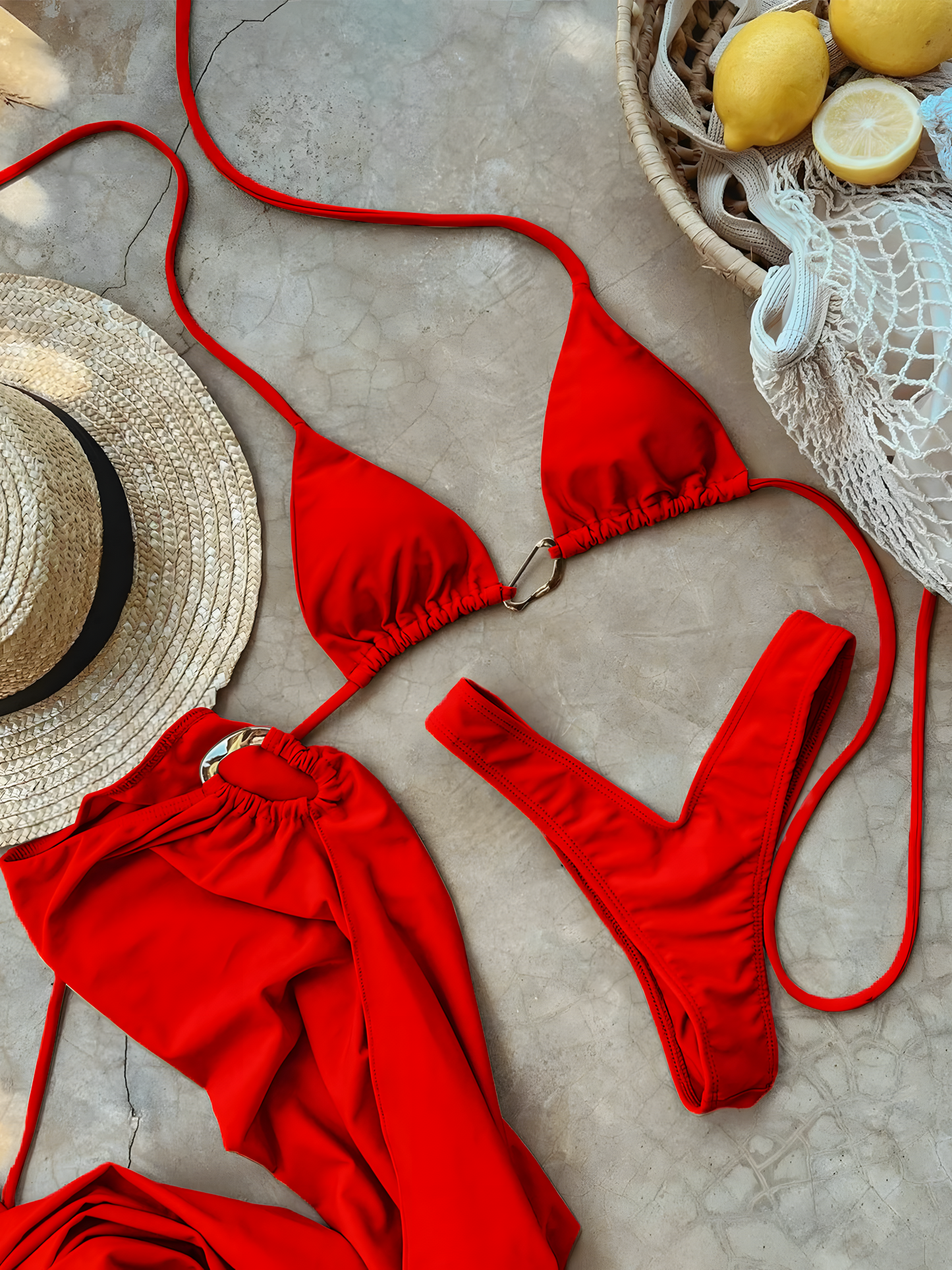 Drawstring Strap Metal Buckle Solid Color Bikini Trio Set