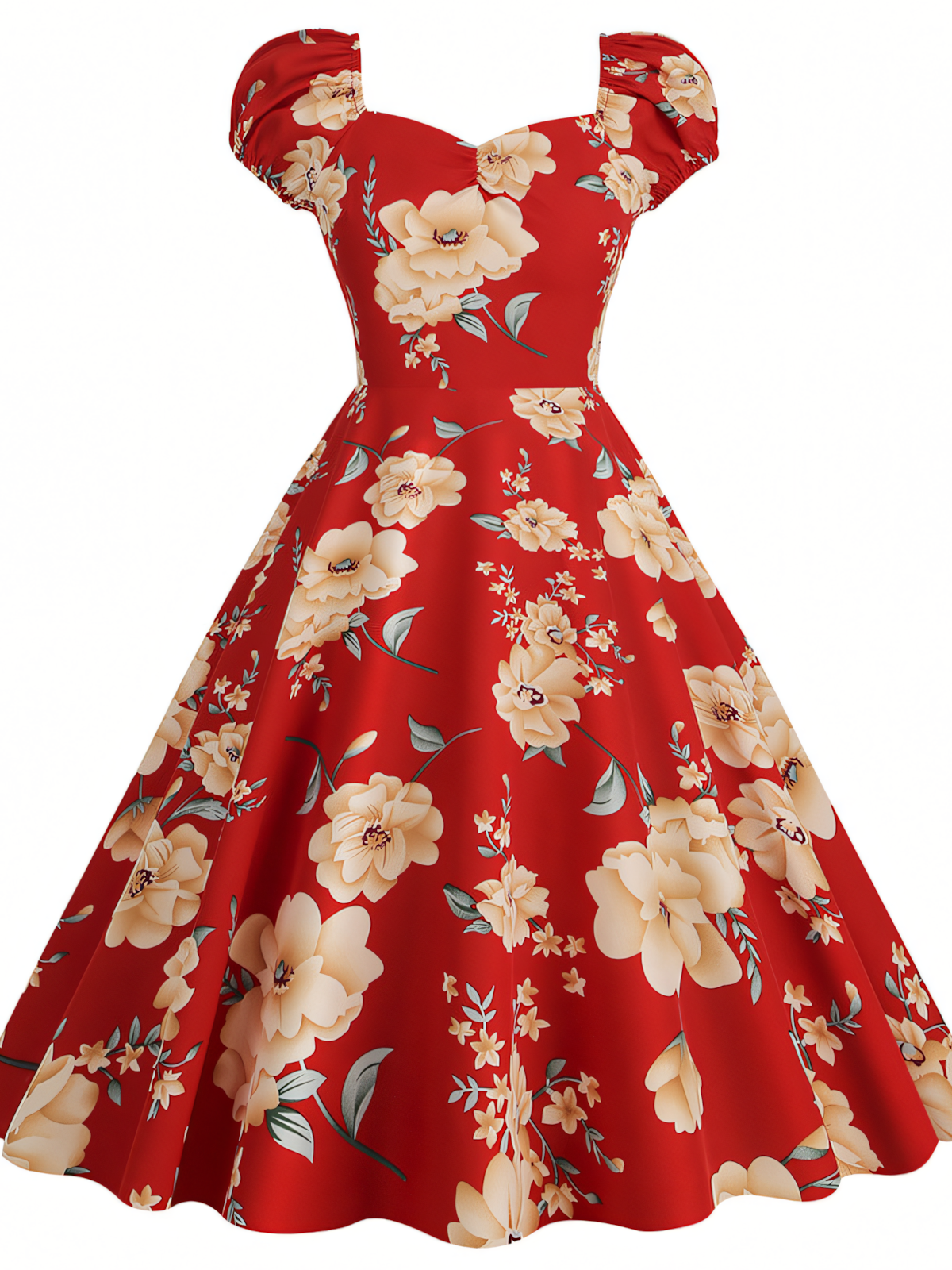 Red Floral Vintage Elegant Midi Dress