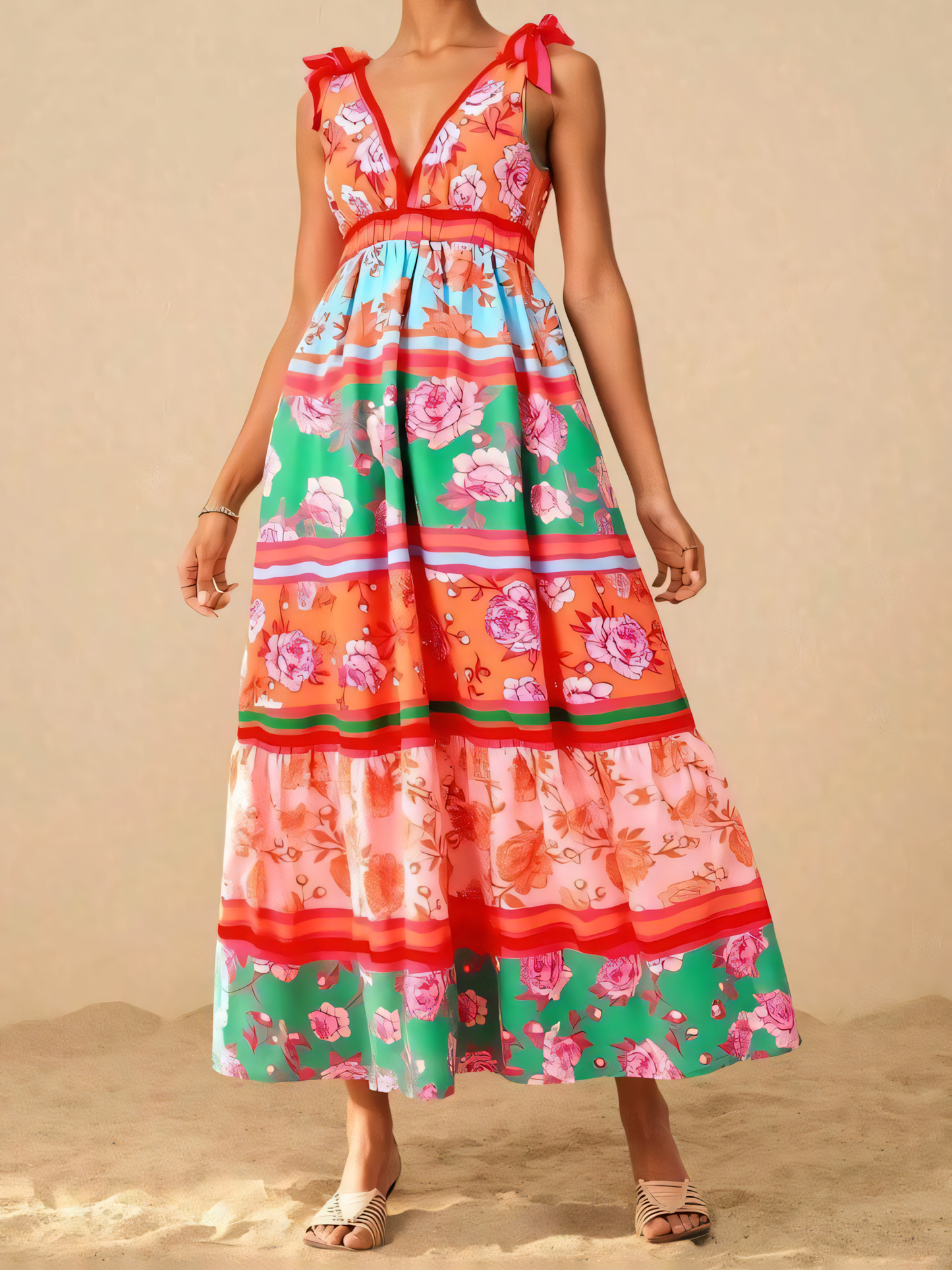 Orange Floral Printed Beach Maxi Dress