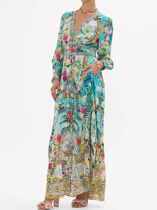 Peacock Green Floral Long Bubble Sleeve Maxi Dress