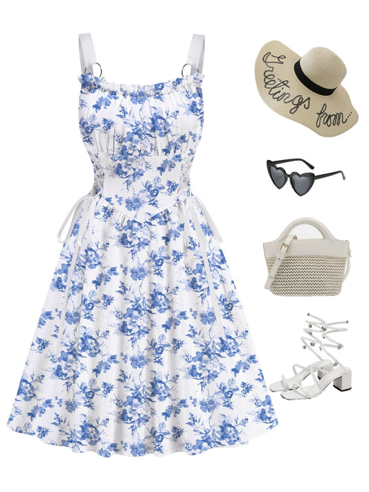 Blue Floral Printed White Drawstrings Elegant Midi Dress