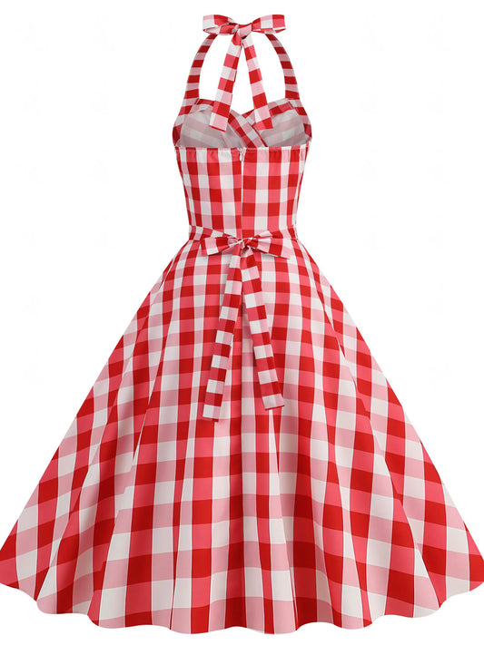 Plaid Printed Sexy Neck Wrap Slimming Big Hem Midi Dress