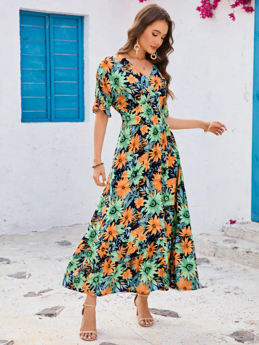 Green V-Neck Ruffle Short Sleeve Seaside Vacation Maxi Dress