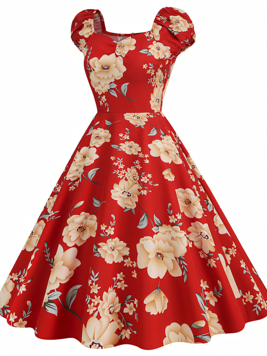 Red Floral Vintage Elegant Midi Dress