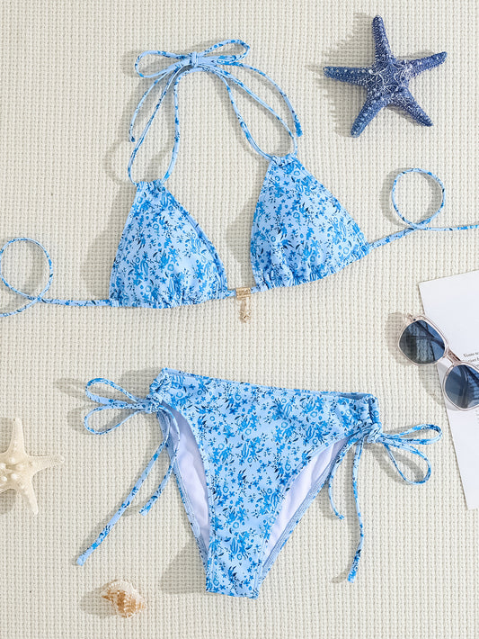 Blue Floral Tie-Side Bikini