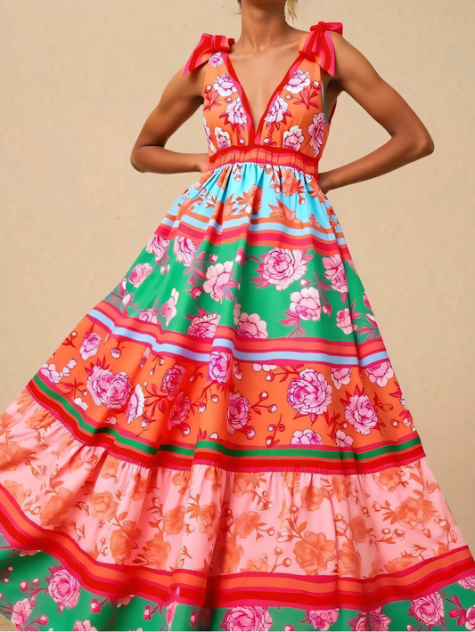 Orange Floral Printed Beach Maxi Dress