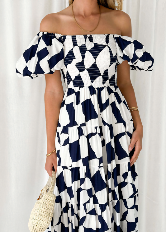 White background Graphics Printed Puffy Bubble Sleeve Midi Dress