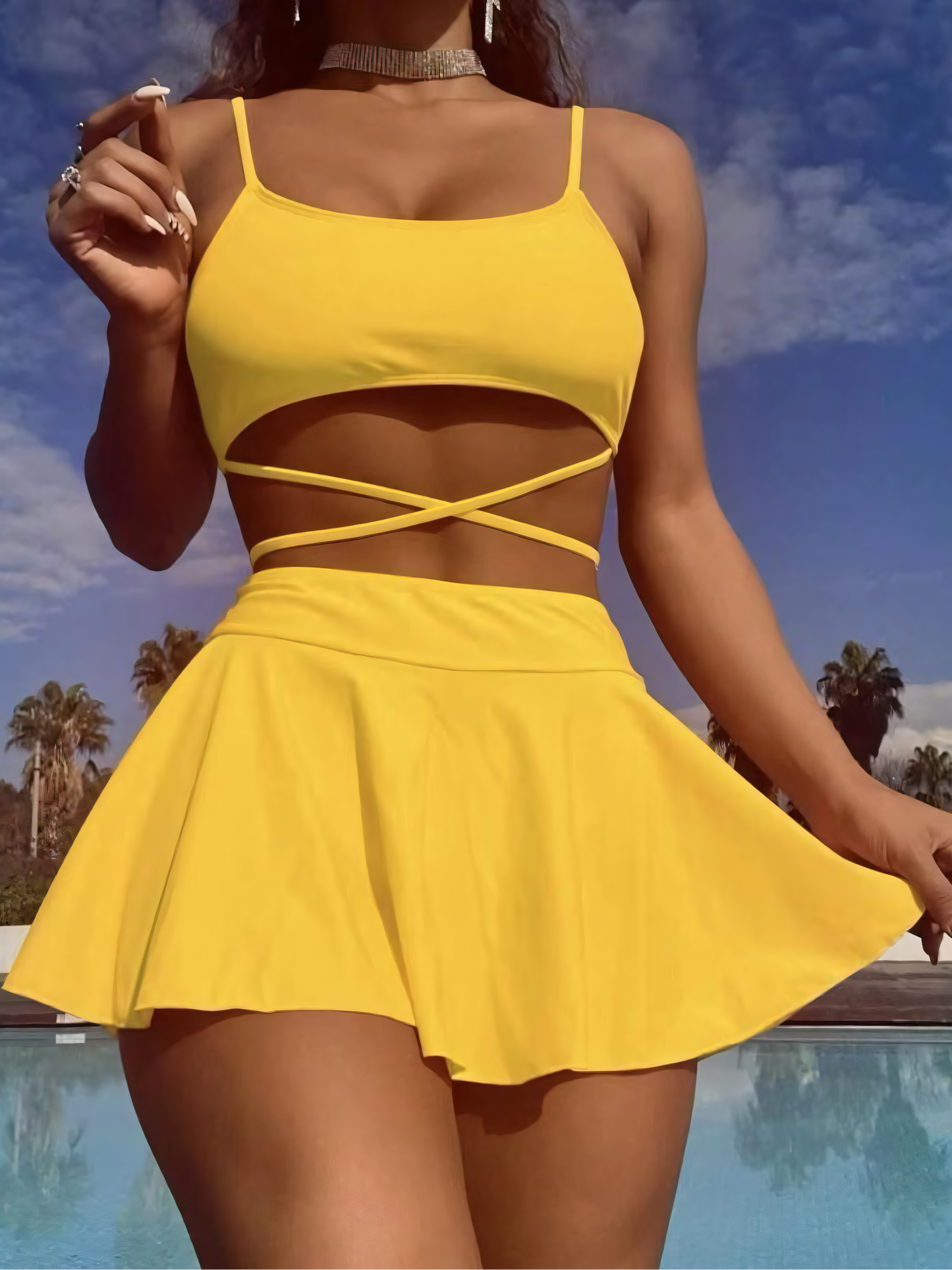 Solid Color Tie Skirt Bikini Trio Set