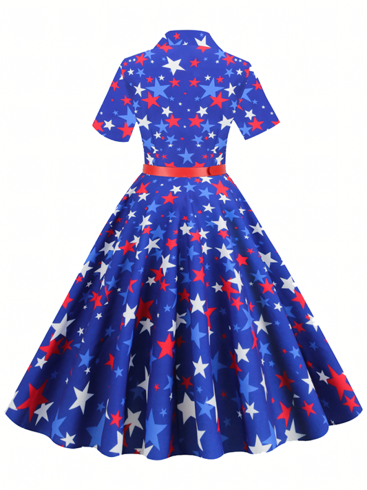 Independence Day Blue Printed Vintage Midi Dress