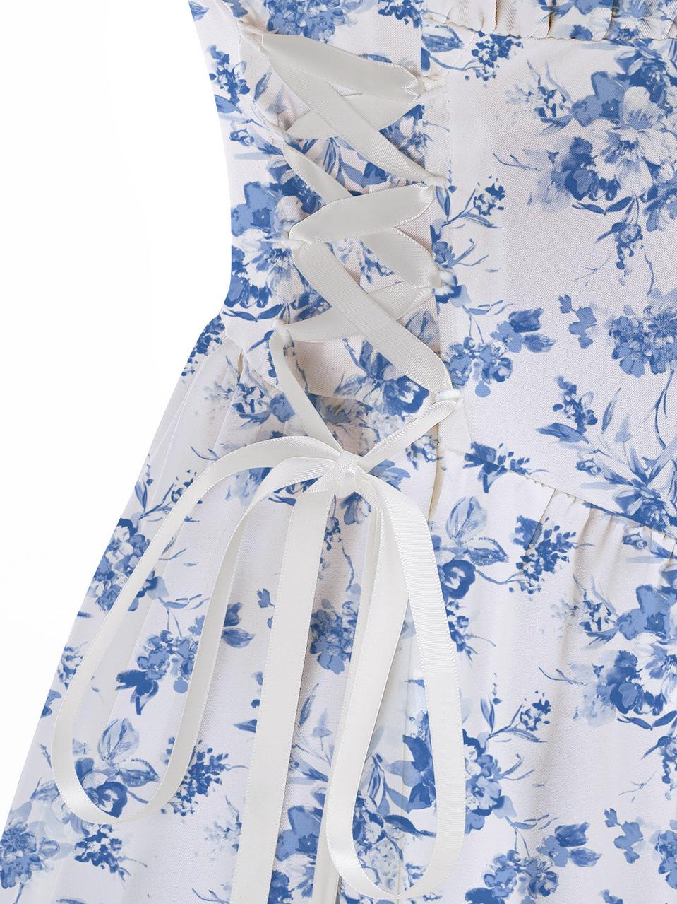 Blue Floral Printed White Drawstrings Elegant Midi Dress