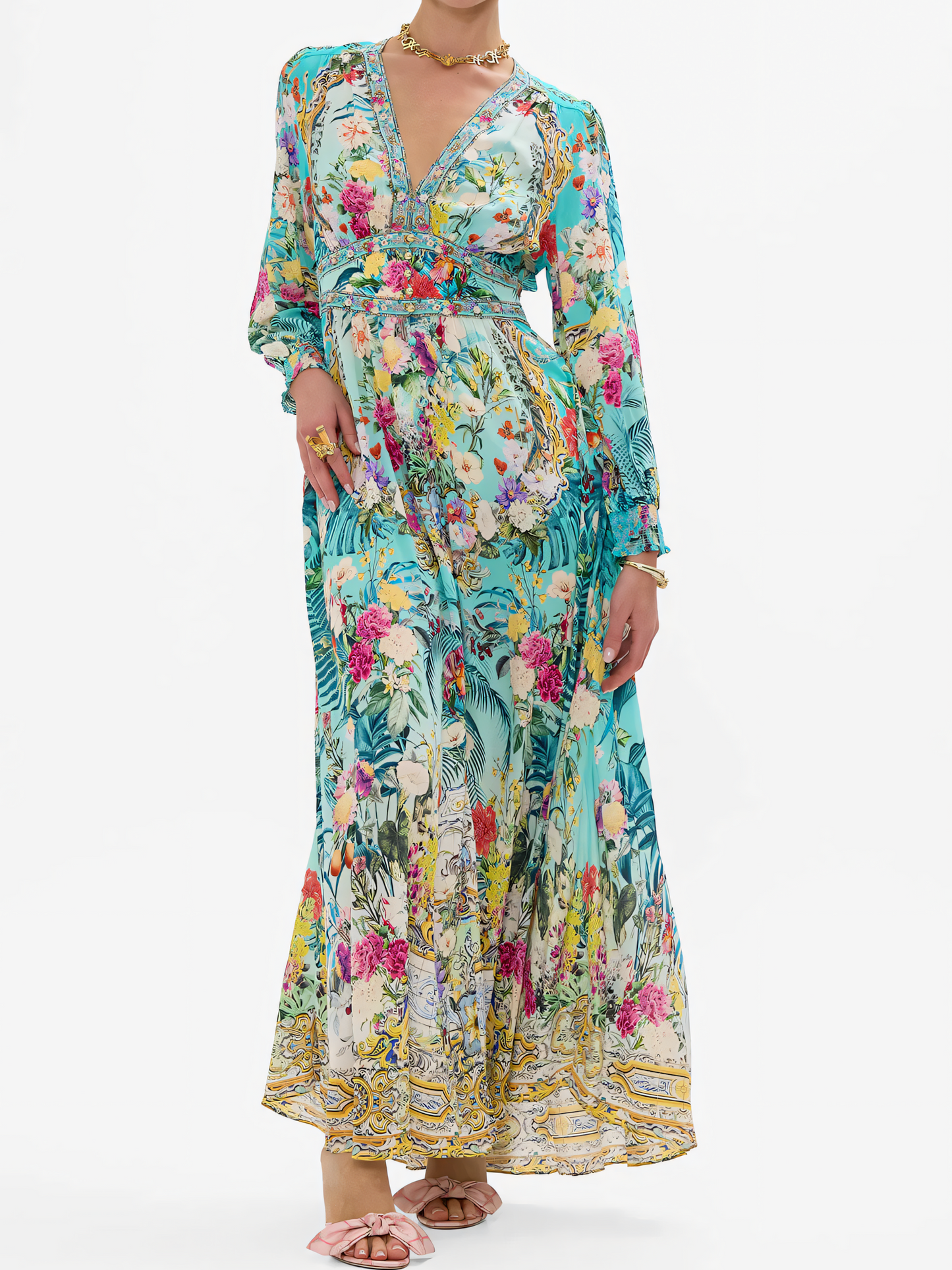 Peacock Green Floral Long Bubble Sleeve Maxi Dress