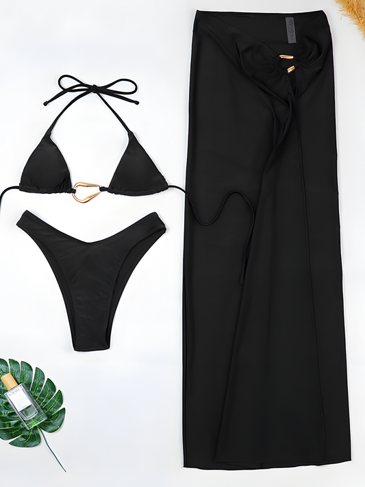 Drawstring Strap Metal Buckle Solid Color Bikini Trio Set