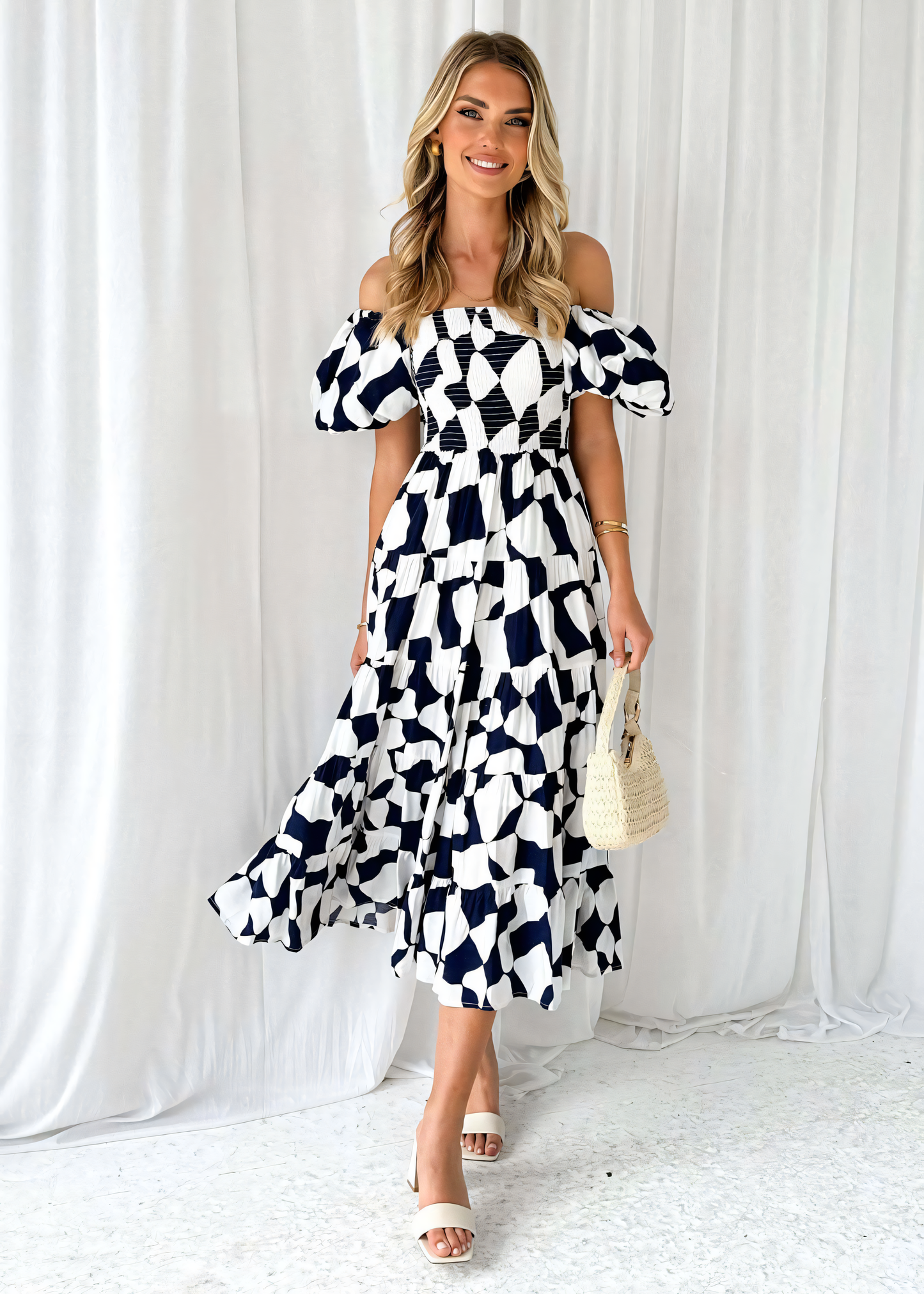 White background Graphics Printed Puffy Bubble Sleeve Midi Dress
