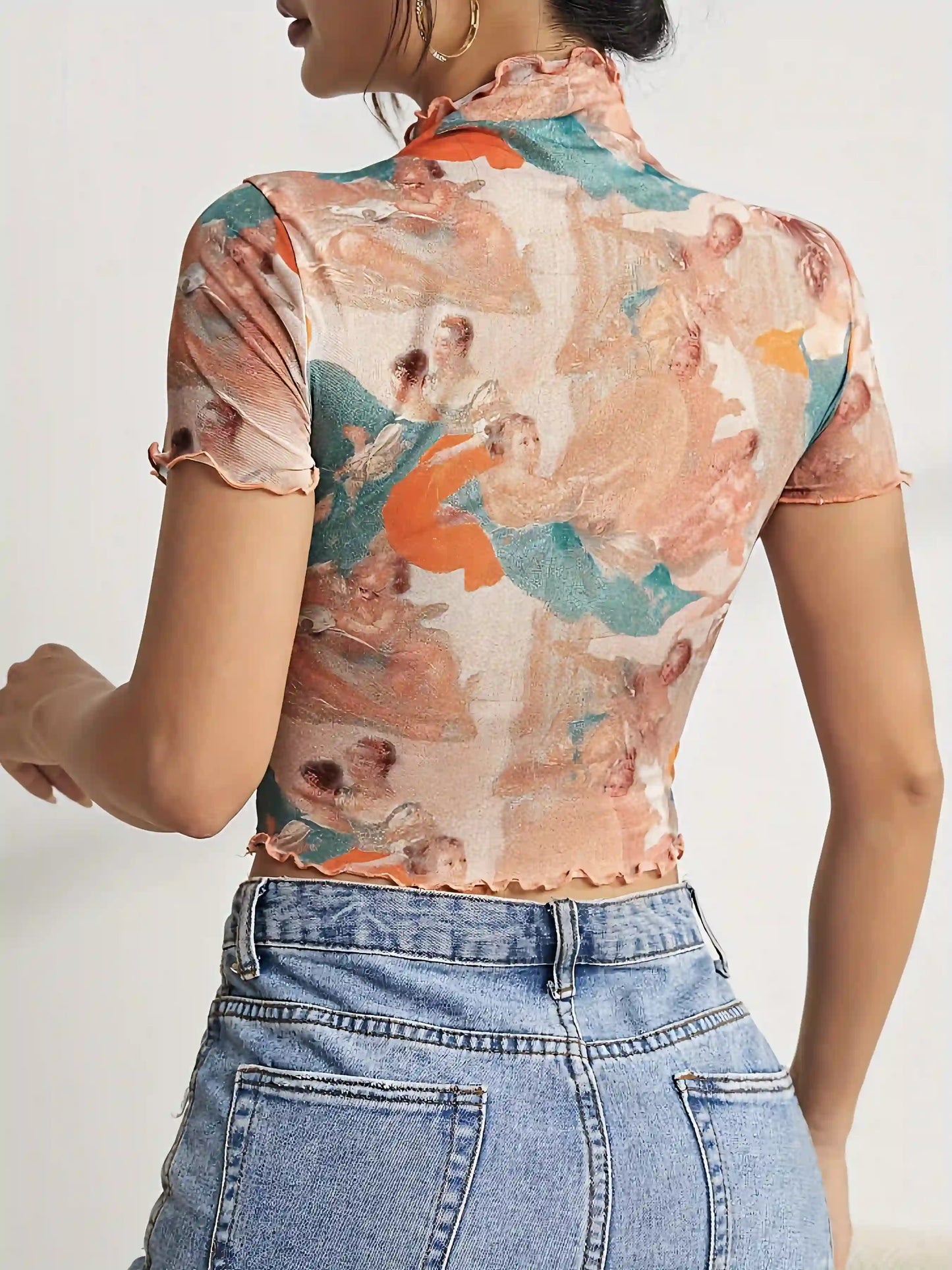 Orange Elegant Mesh Printed Rolled T-Shirt
