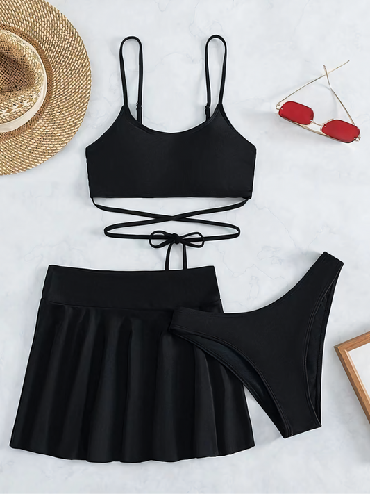 Solid Color Tie Skirt Bikini Trio Set