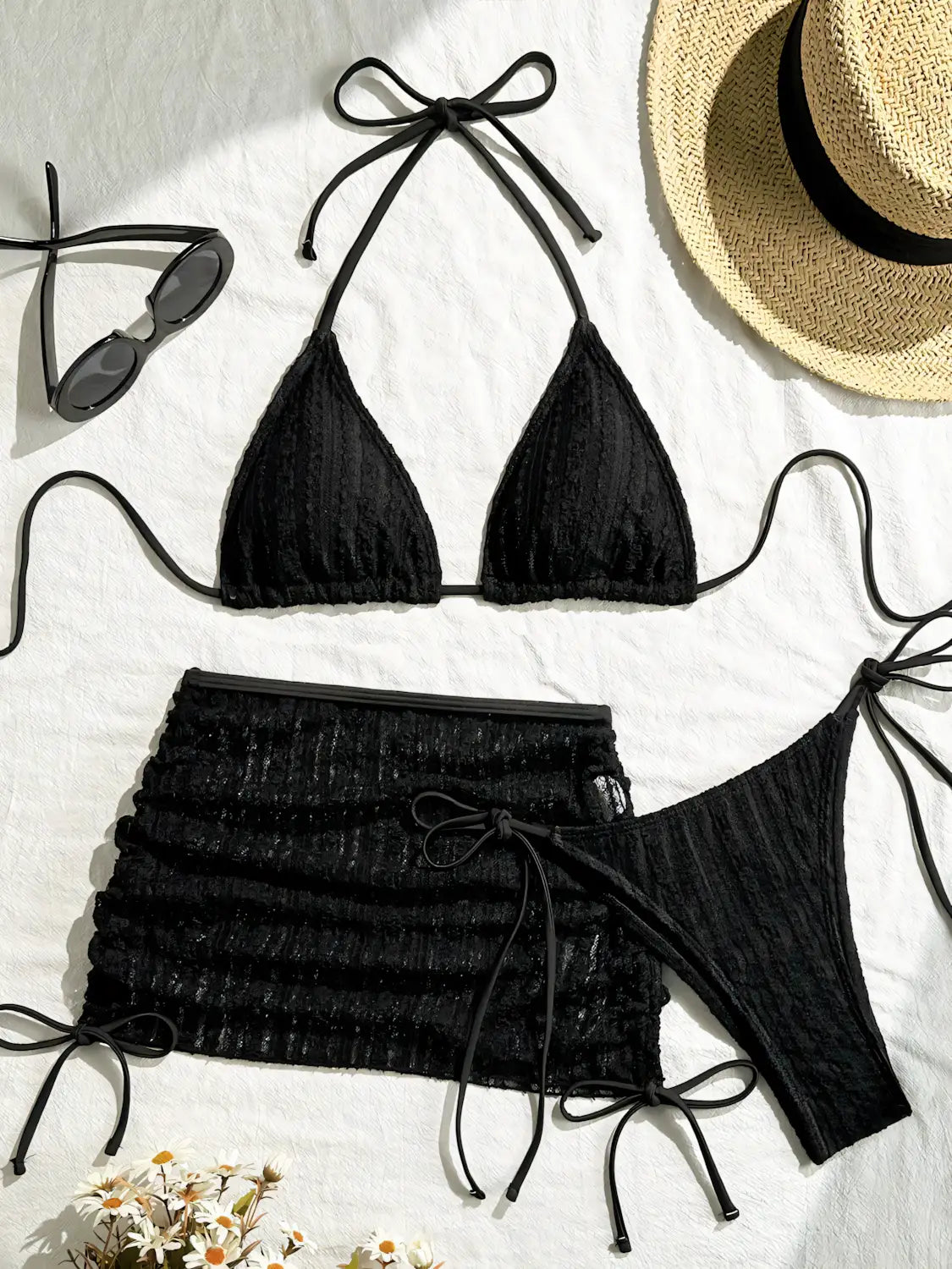 Solid Color Drawstring Bikini 3 Piece Set
