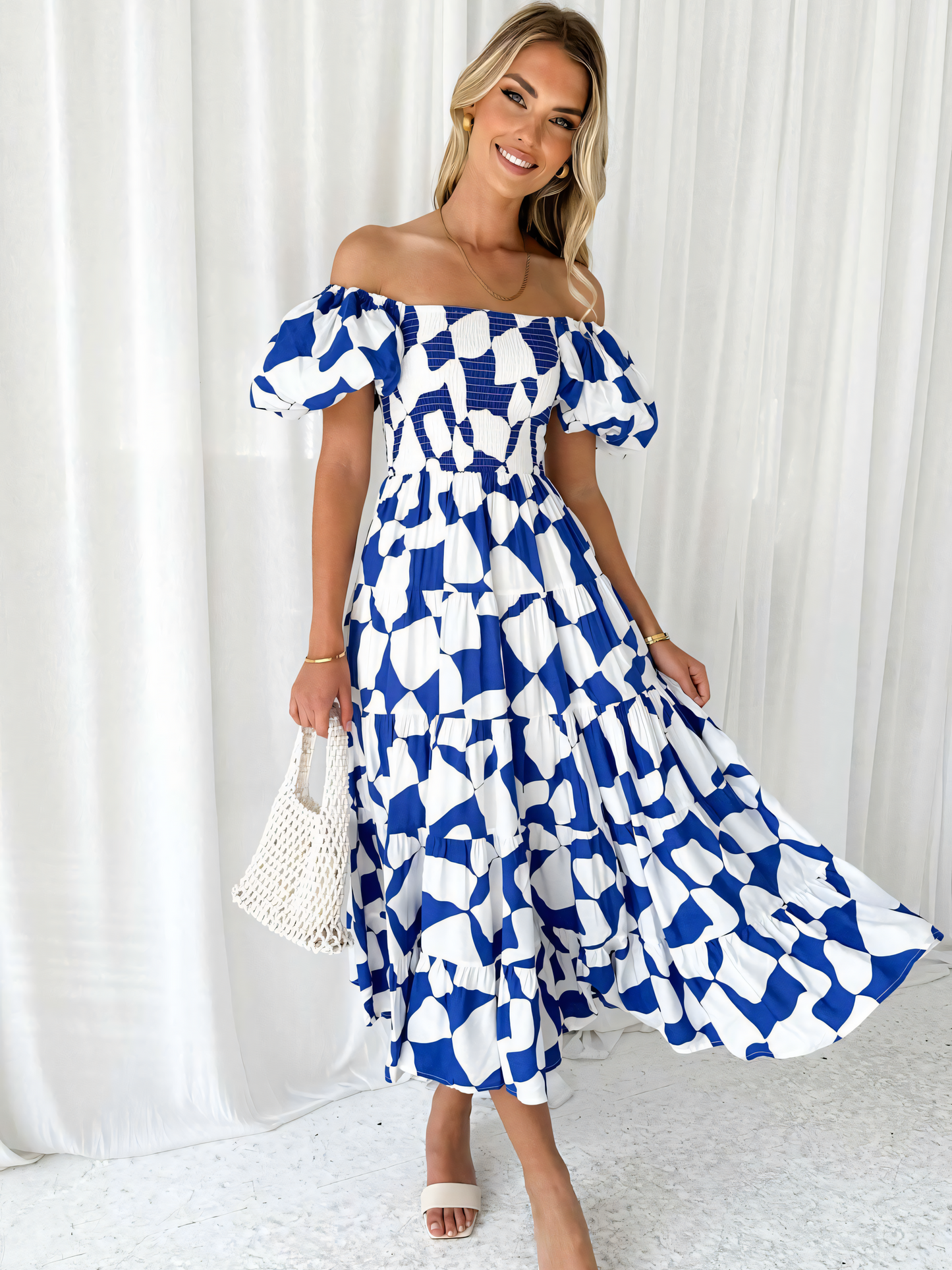 White background Graphics Printed Puffy Bubble Sleeve Midi Dress