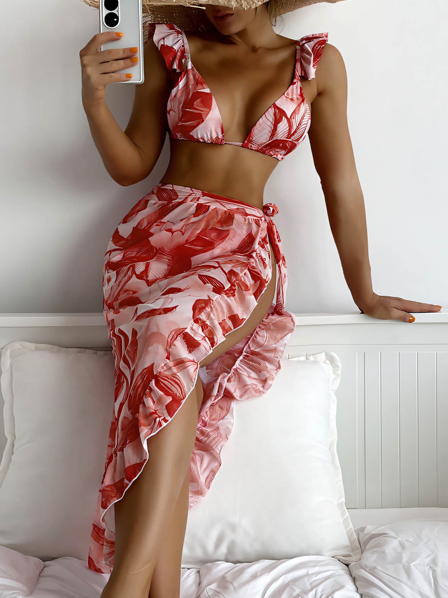 Printed Split Blouse Three-piece Swimsuit