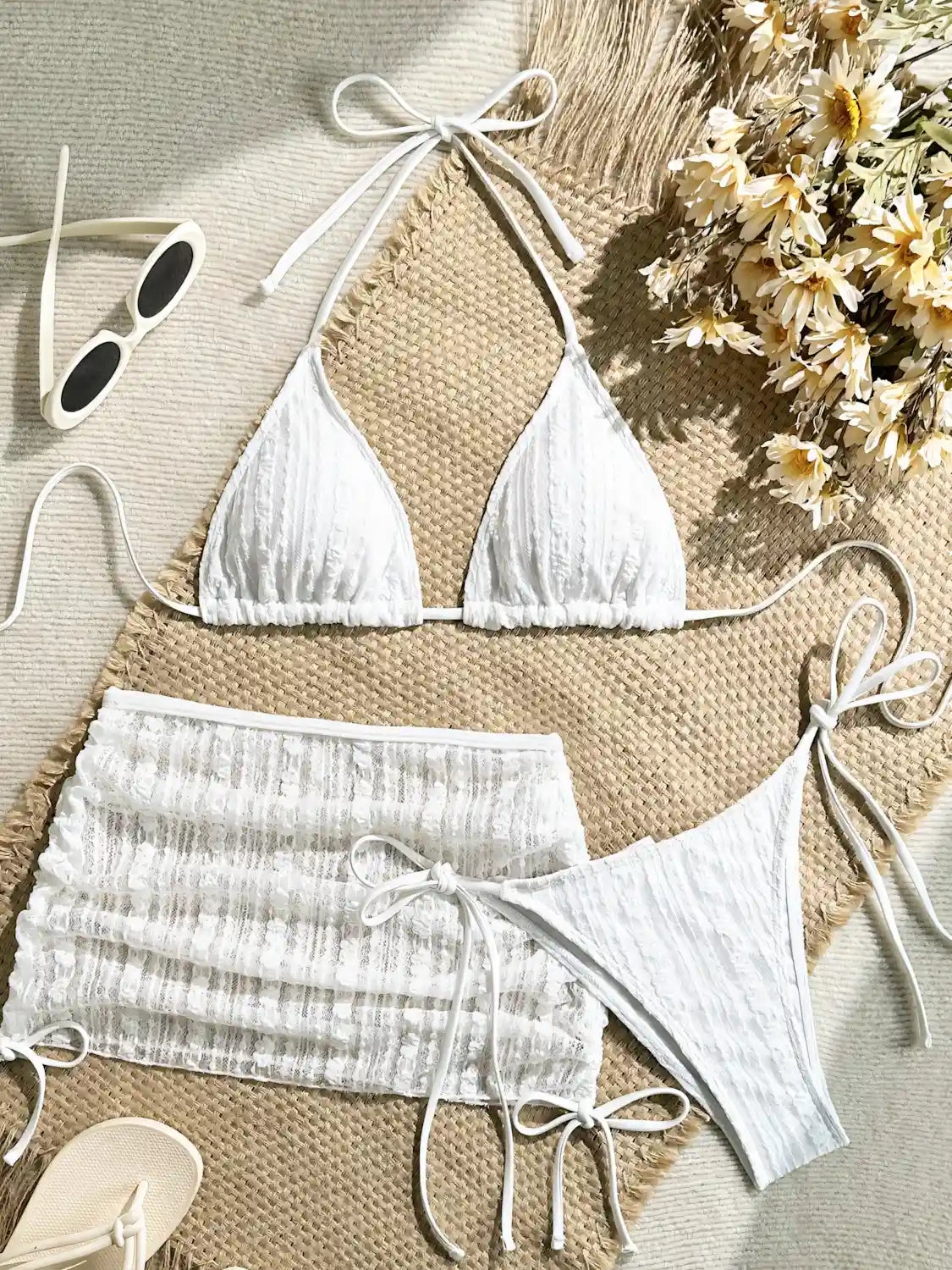 Solid Color Drawstring Bikini 3 Piece Set