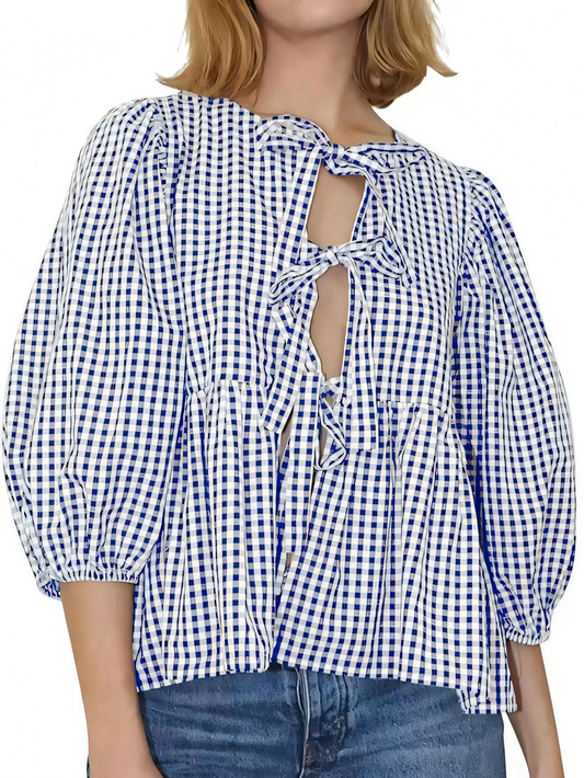 Sweet Casual Lace-Up Plaid Shirt