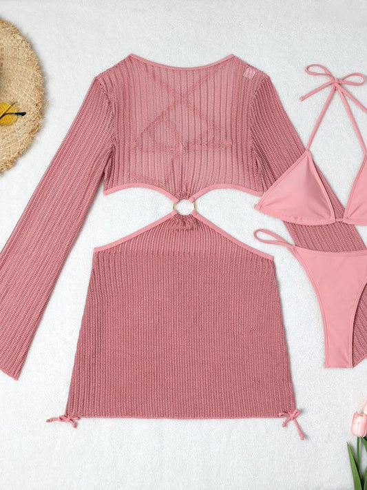 Mesh Cut-out Drawstring Strap Bikini Trio Set