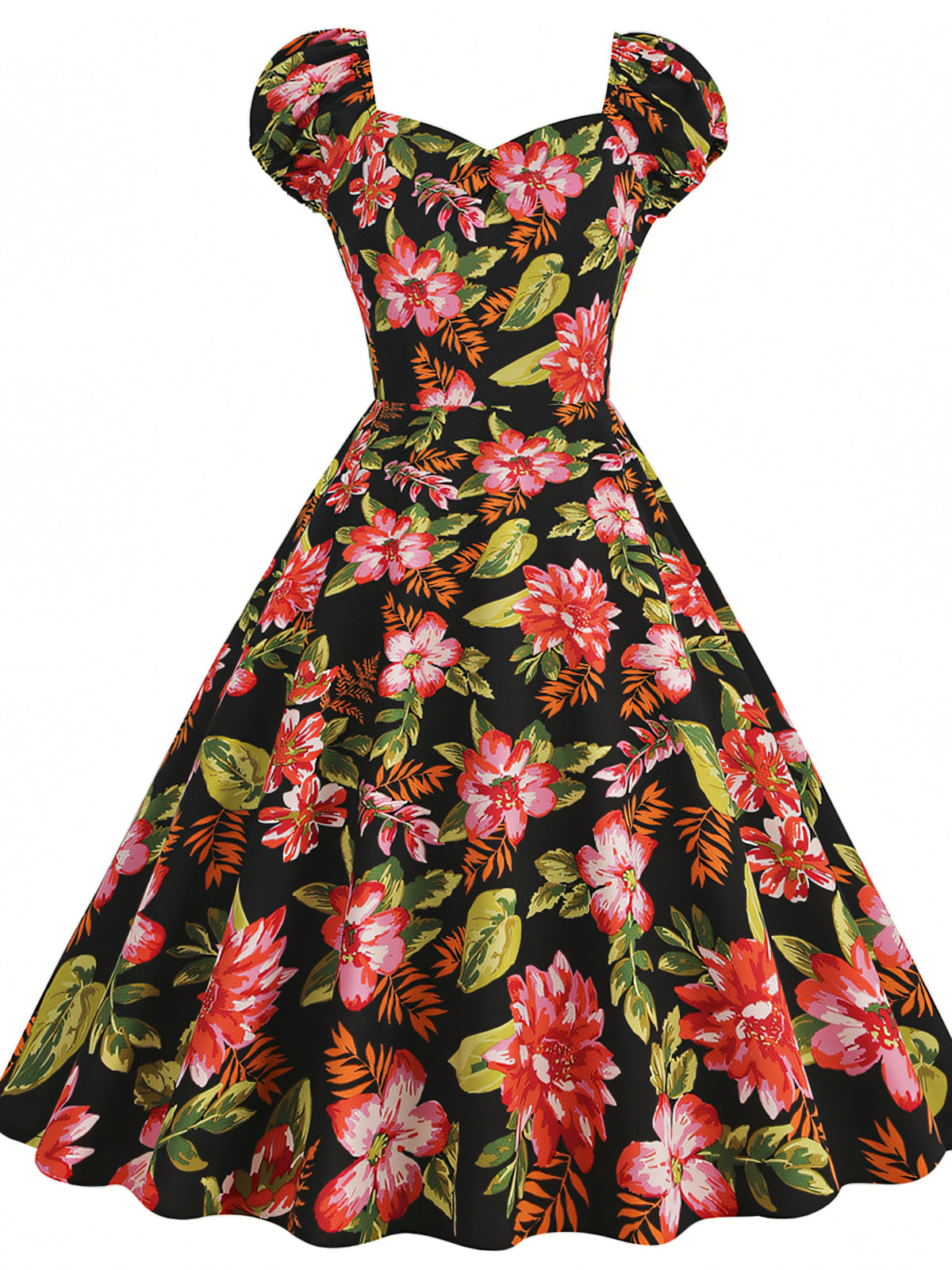 Floral Green leaves Vintage Elegant Midi Dress