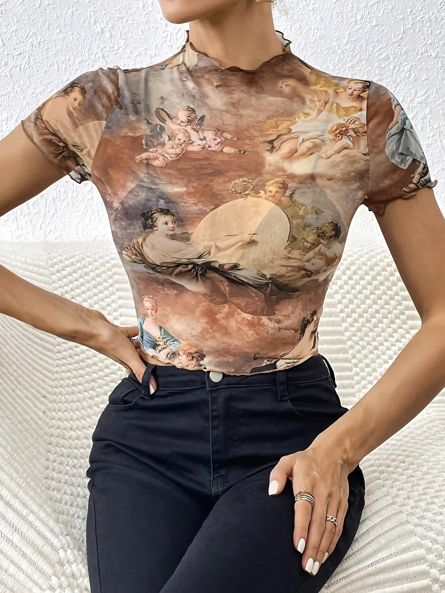 Brown Elegant Mesh Printed Rolled T-Shirt