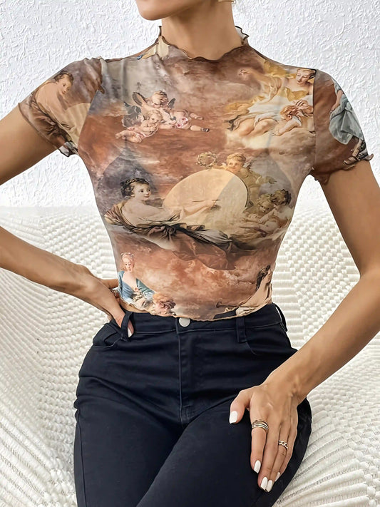 Brown Elegant Mesh Printed Rolled T-Shirt