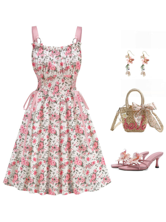Pink Floral Printed Pink Drawstrings Elegant Midi Dress